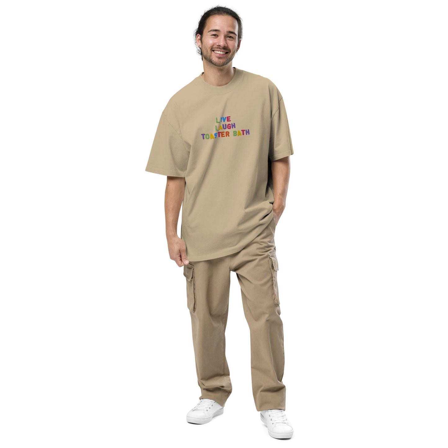 Live, Laugh, Toaster Bath Embroidered Oversized Faded T-Shirt